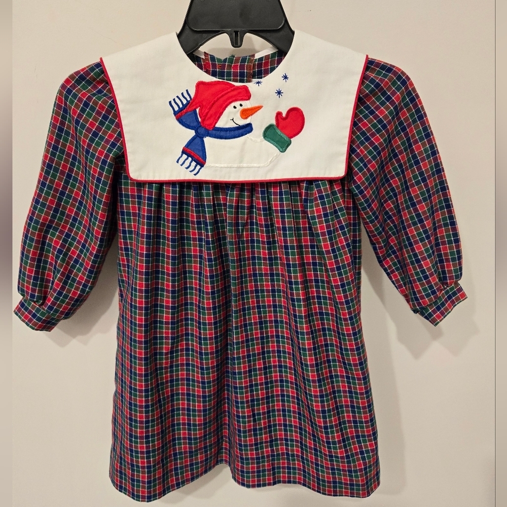 Vintage Plaid Toddler Dress with Snowman Embroidery